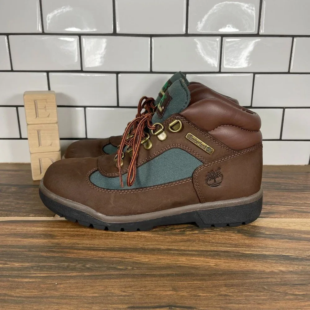 Timberland Boys Brown Nubuck Leather Olive Green Field Boot 16937M Size 4